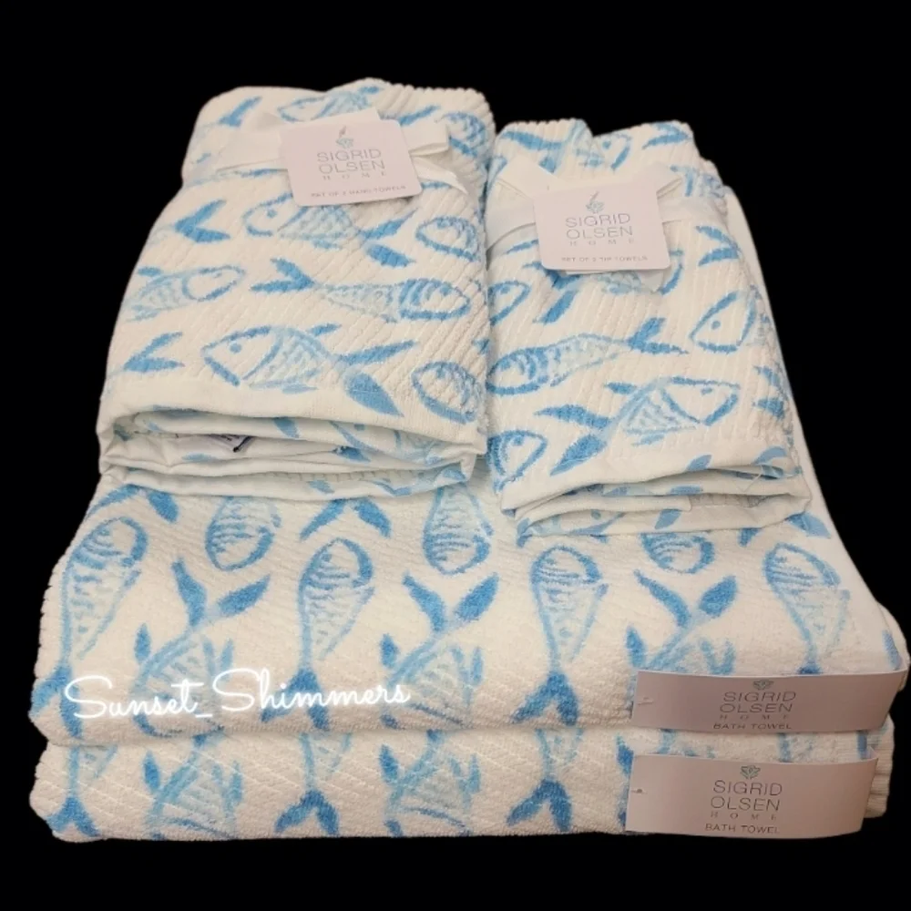 6pc Sigrid Olsen Blue Fish Coastal Nautical Sea Bath Hand Tip Towel Set New